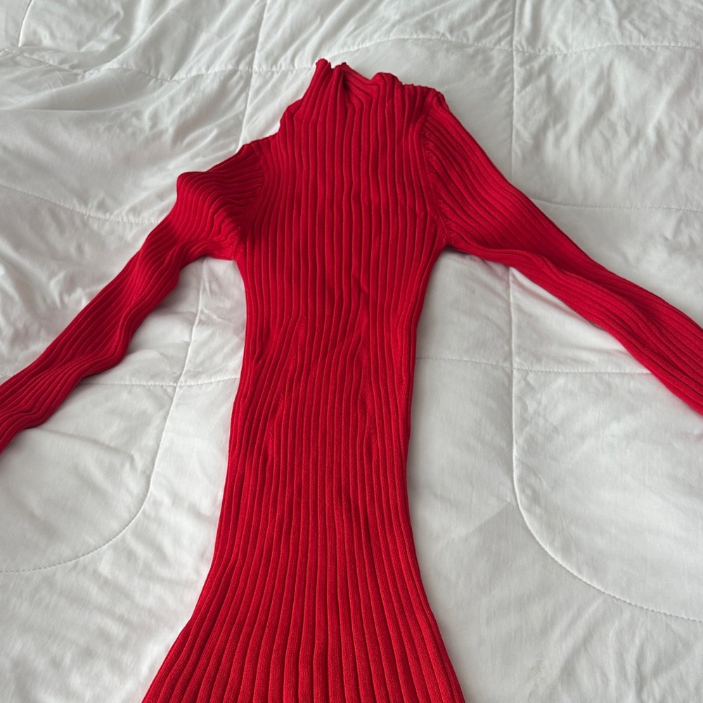 Red Ribbed Long Sleeve Dress